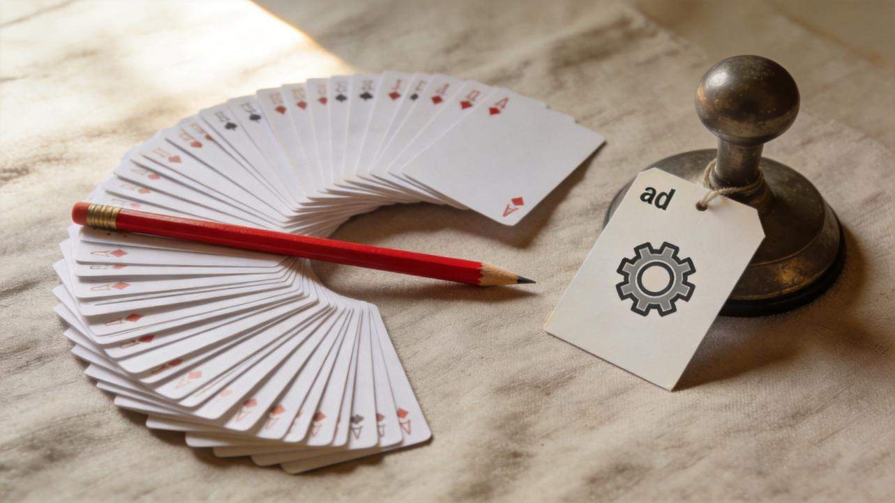 Fan of playing cards with a red pencil, next to a stamp and tag with a gear icon