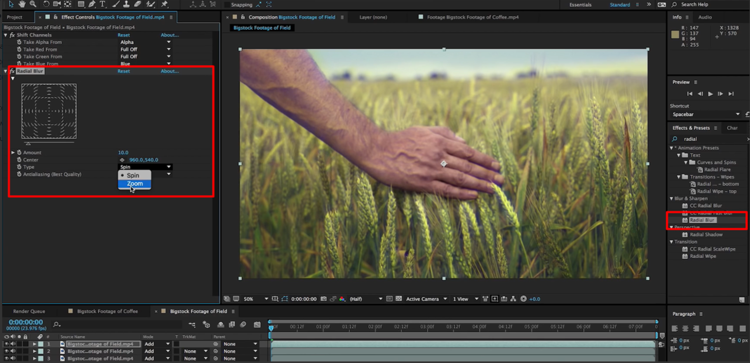 Applying radial blur to create a vintage effect in After Effects