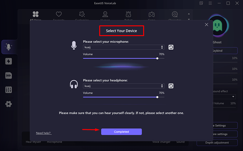 EaseUS voice changer setup with a microphone and a headset