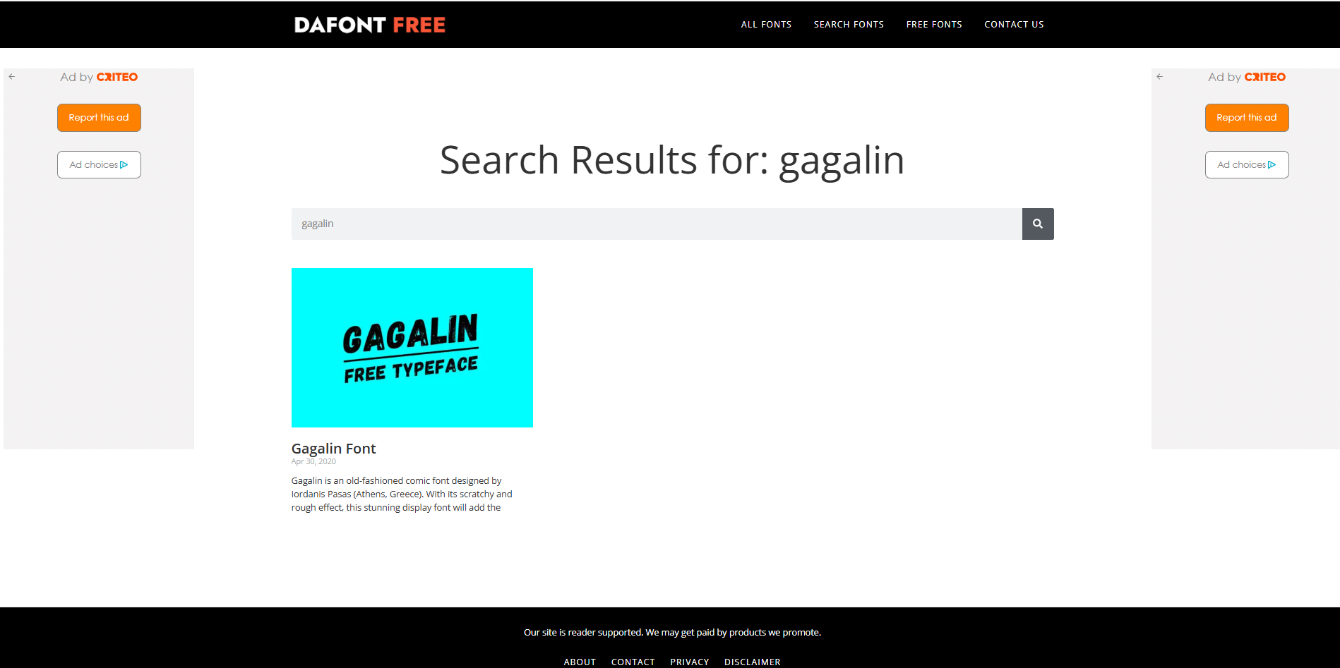 Interface of DaFont Free - the best site for Gagalin regular fonts