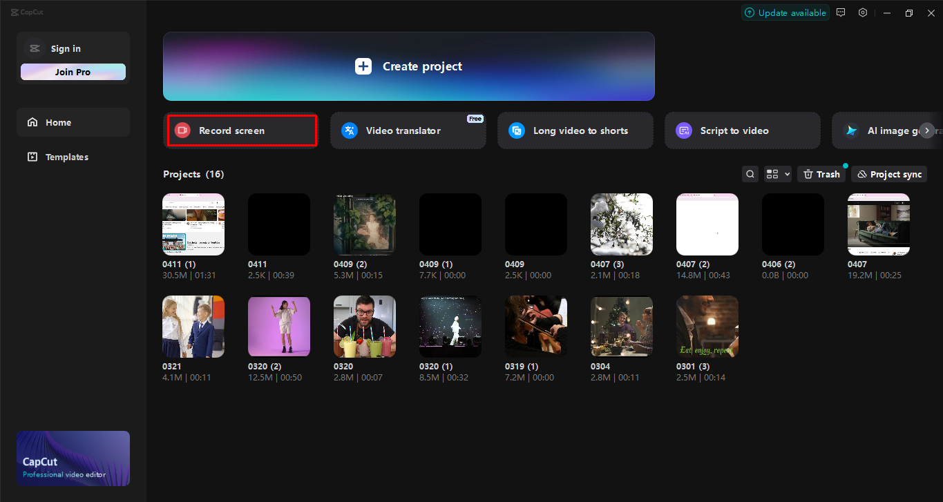 Recording screen in the CapCut desktop video editor