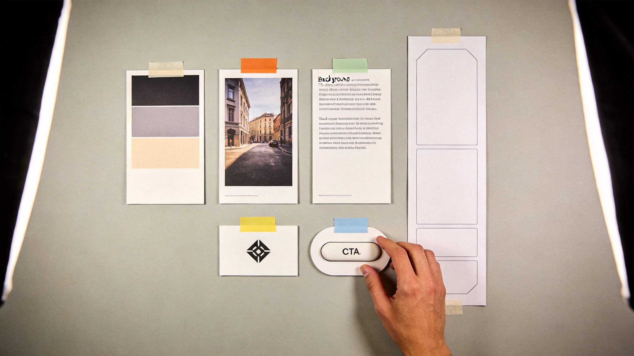 Hand places a CTA button beside banner design mockups and a tall ad layout