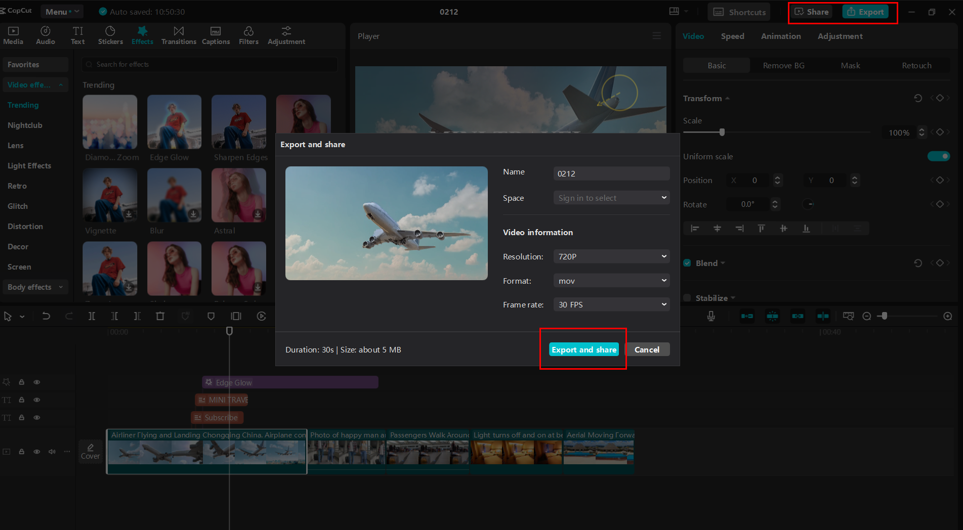 Exporting or sharing the video from CapCut desktop video editor