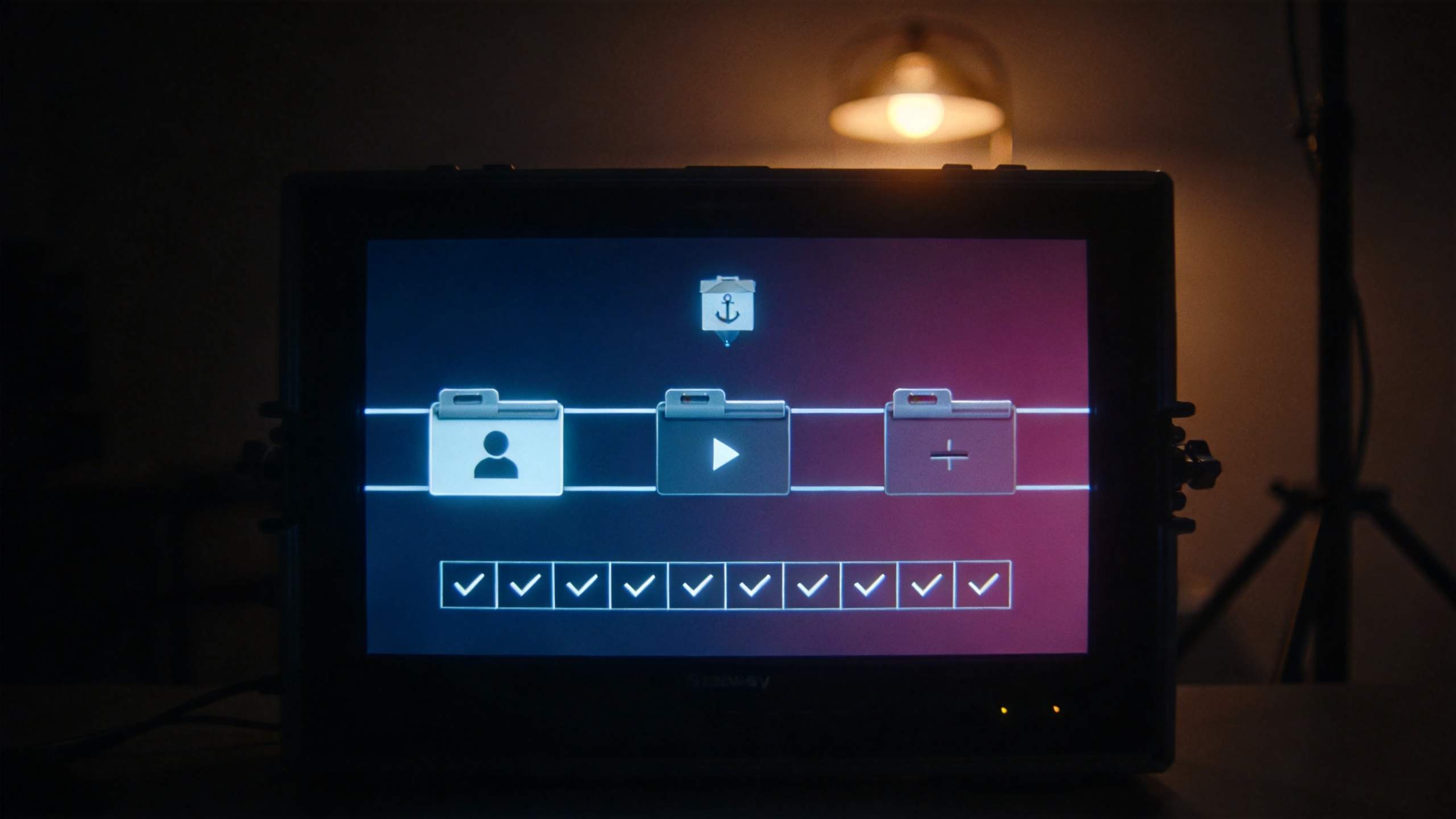 Monitor showing a timeline with profile, play, and plus icons above a row of checkmarks