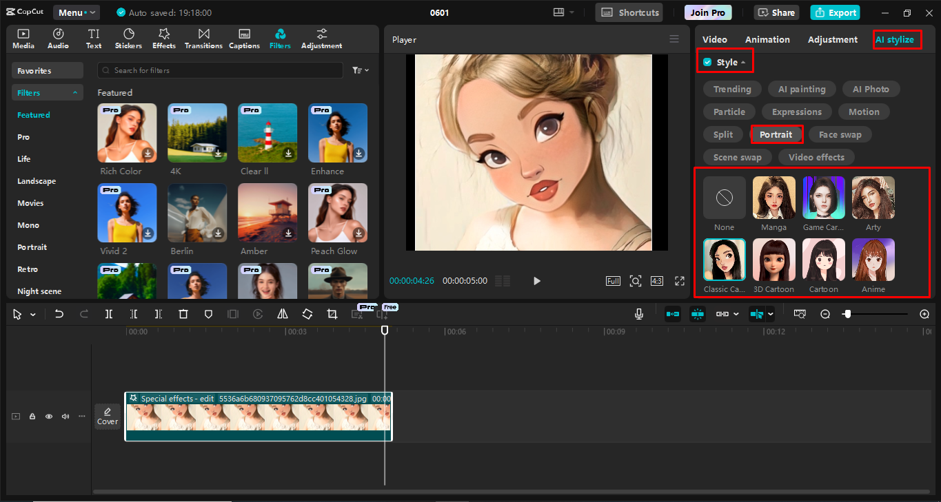 CapCut masaüstü video düzenleyicisini kullanarak bir görüntüyü çizgi filme dönüştürme