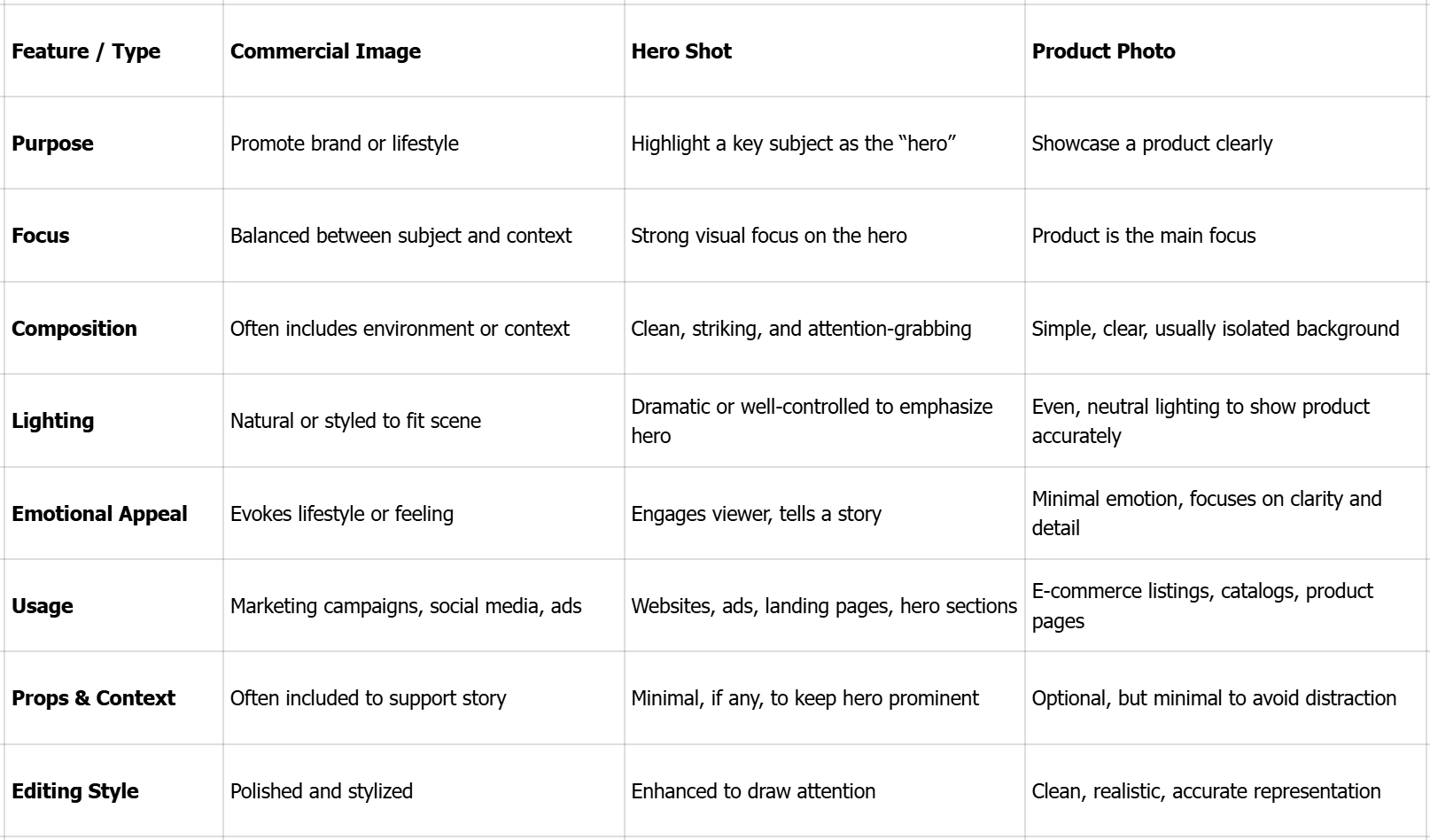 Interface of Hero shot vs. Product photo vs. Commercial image