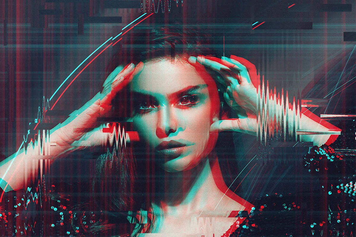 Glitch text effect in Photoshop with pixel shifts and color distortions