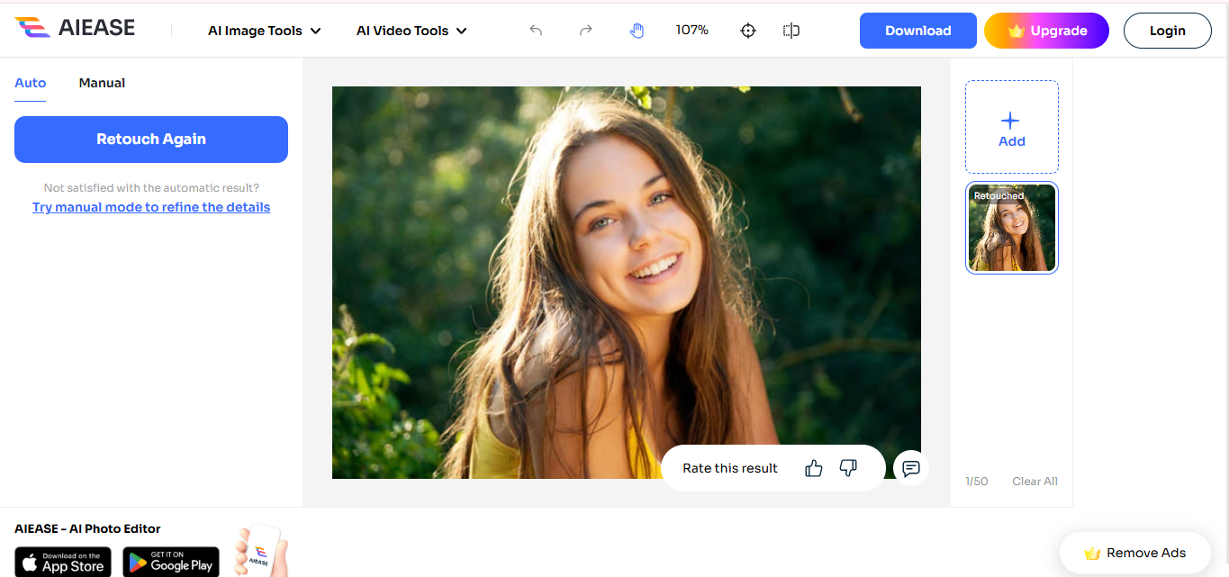 Interface of AI Ease - AI-powered photo face cleaner and editor