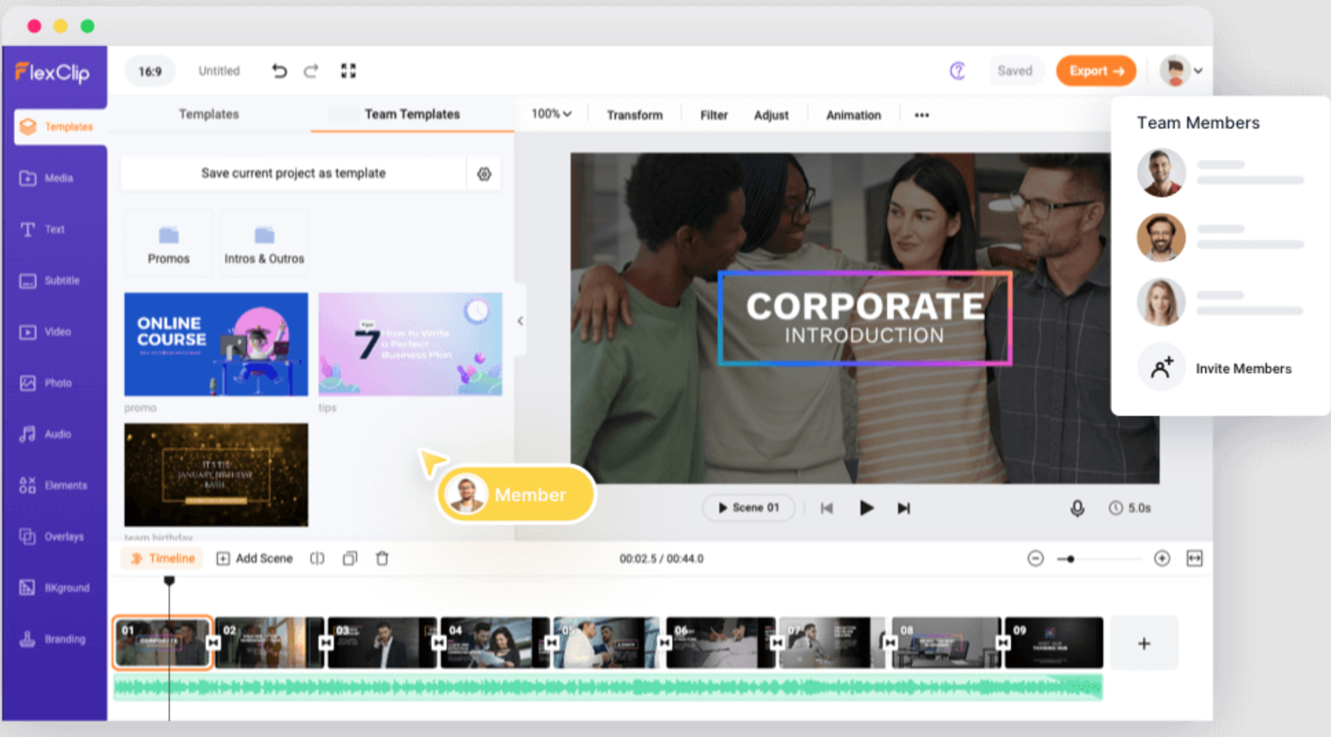Interface ng FlexClip - isang user-friendly na video clip editor