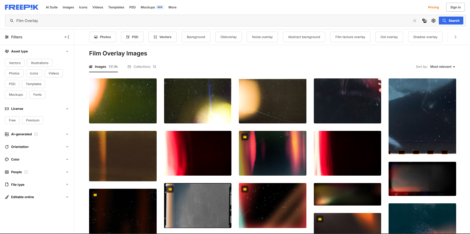Interface of Freepik - the perfect place to get film photo texture overlays