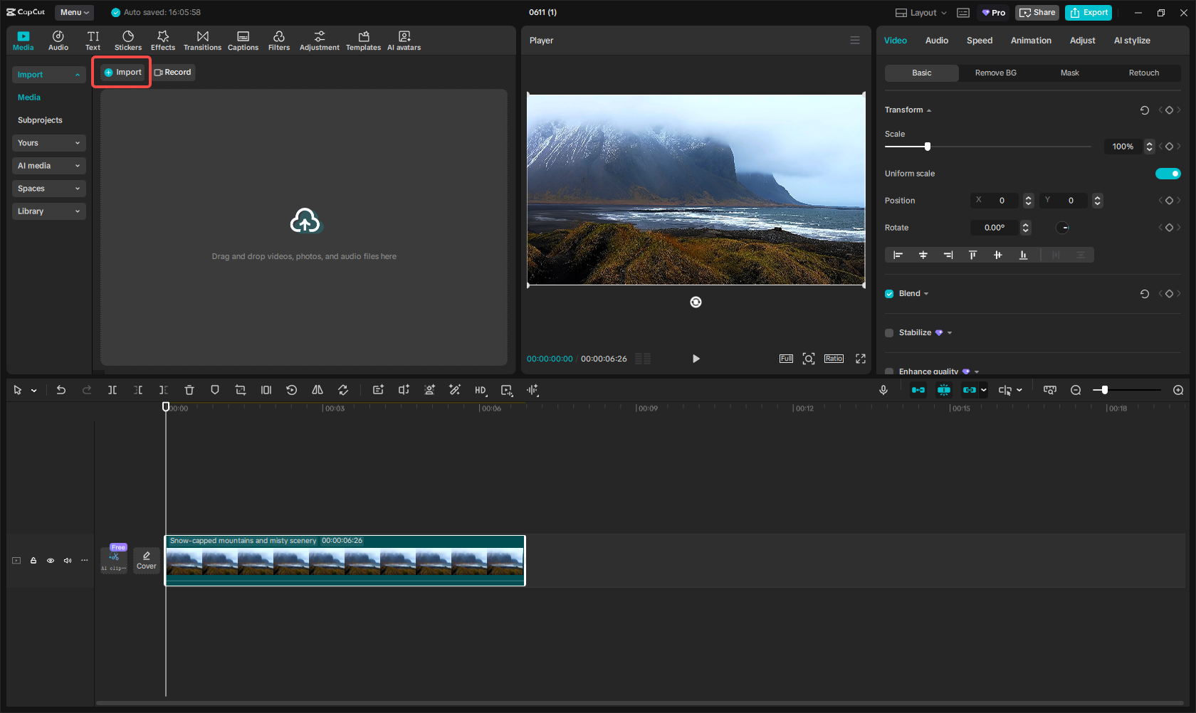 Importing the video in CapCut