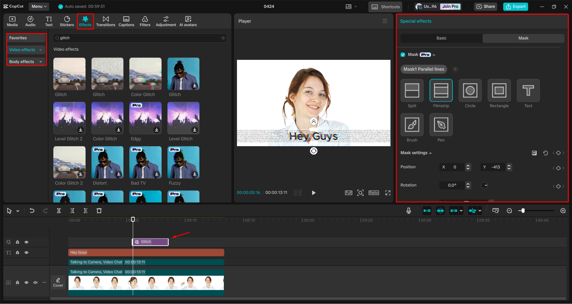Stosowanie efektu usterki do tekstu w CapCut komputerowym edytorze wideo