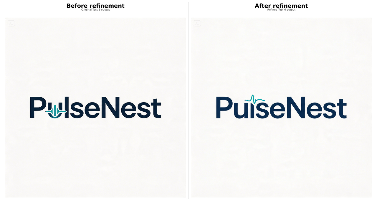 Before and after refinement comparison of the PulseNest wordmark logo generated with Dreamina