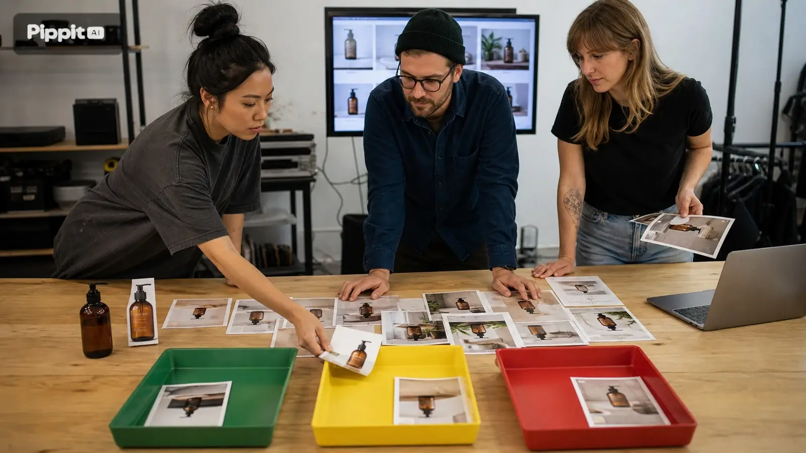 Trois personnes trient des photos de produits dans des plateaux colorés sur une table de travail avec un ordinateur portable