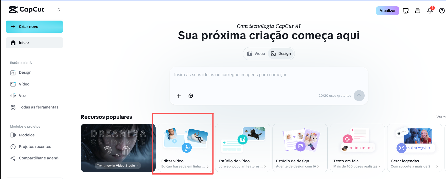 comece um novo projeto