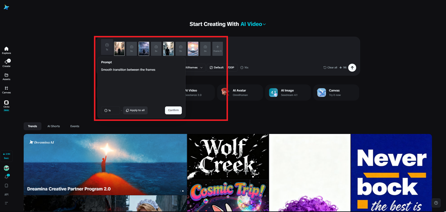 Multiframe feature in Dreamina
