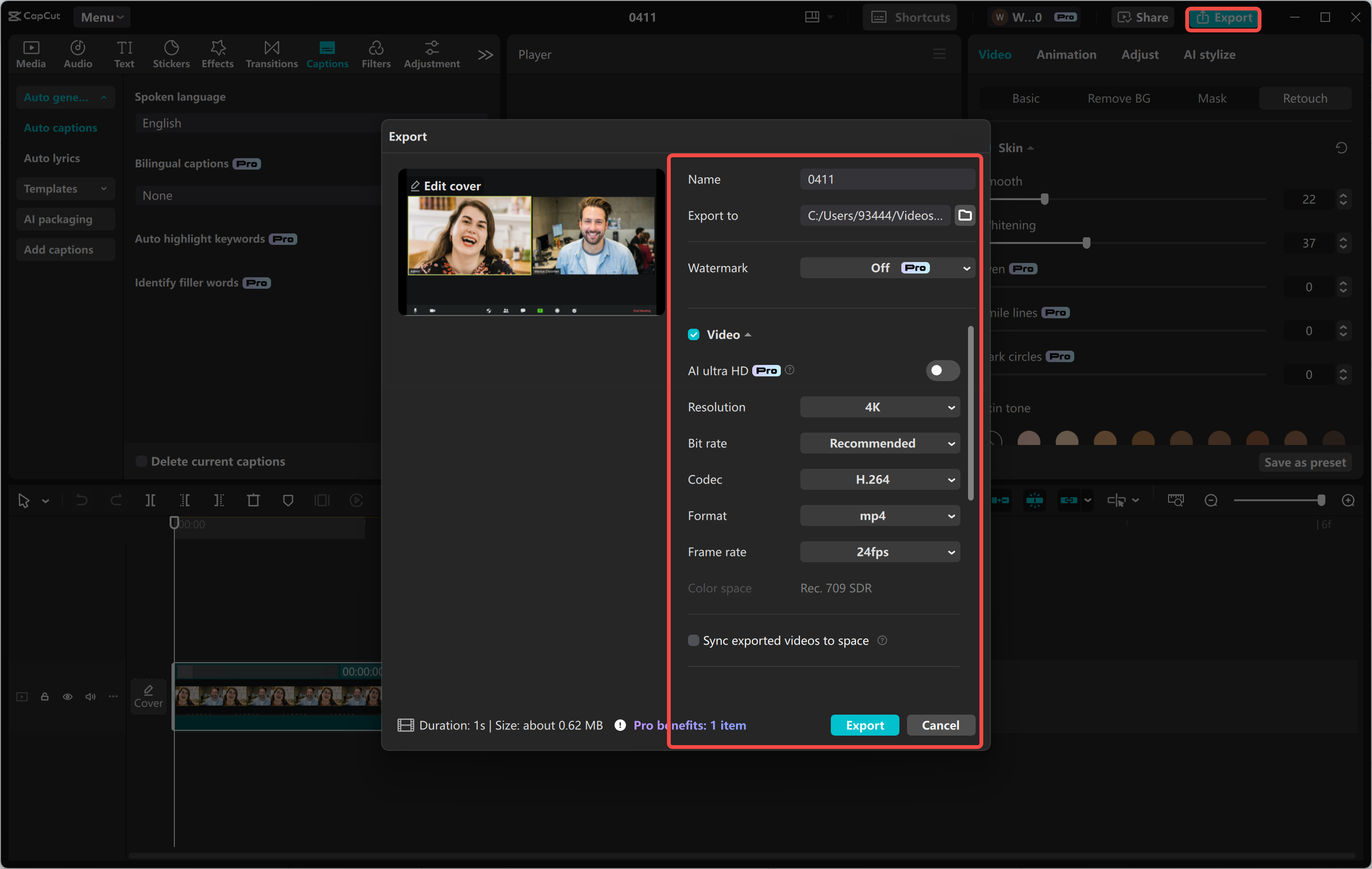A felvétel exportálása a CapCut asztali videószerkesztőről