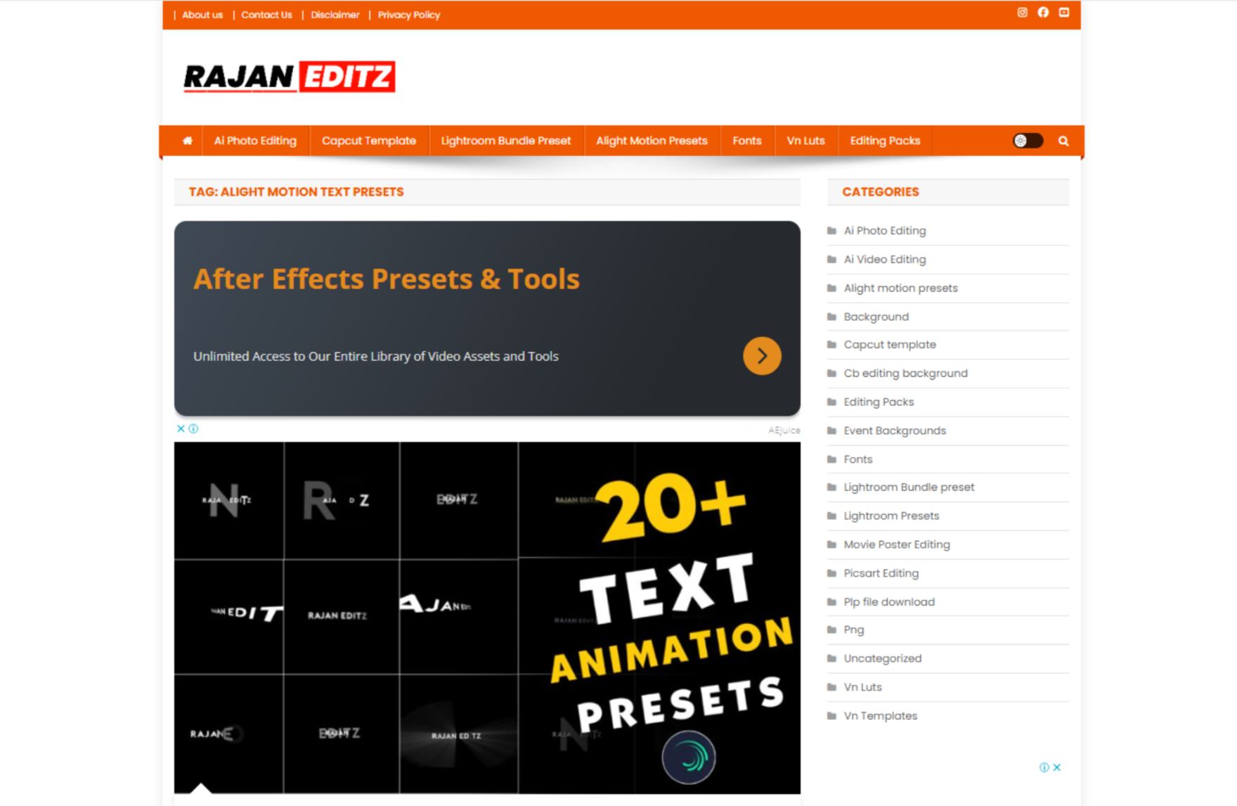 Interface of Rajan Editz - the perfect resource for Alight Motion text preset