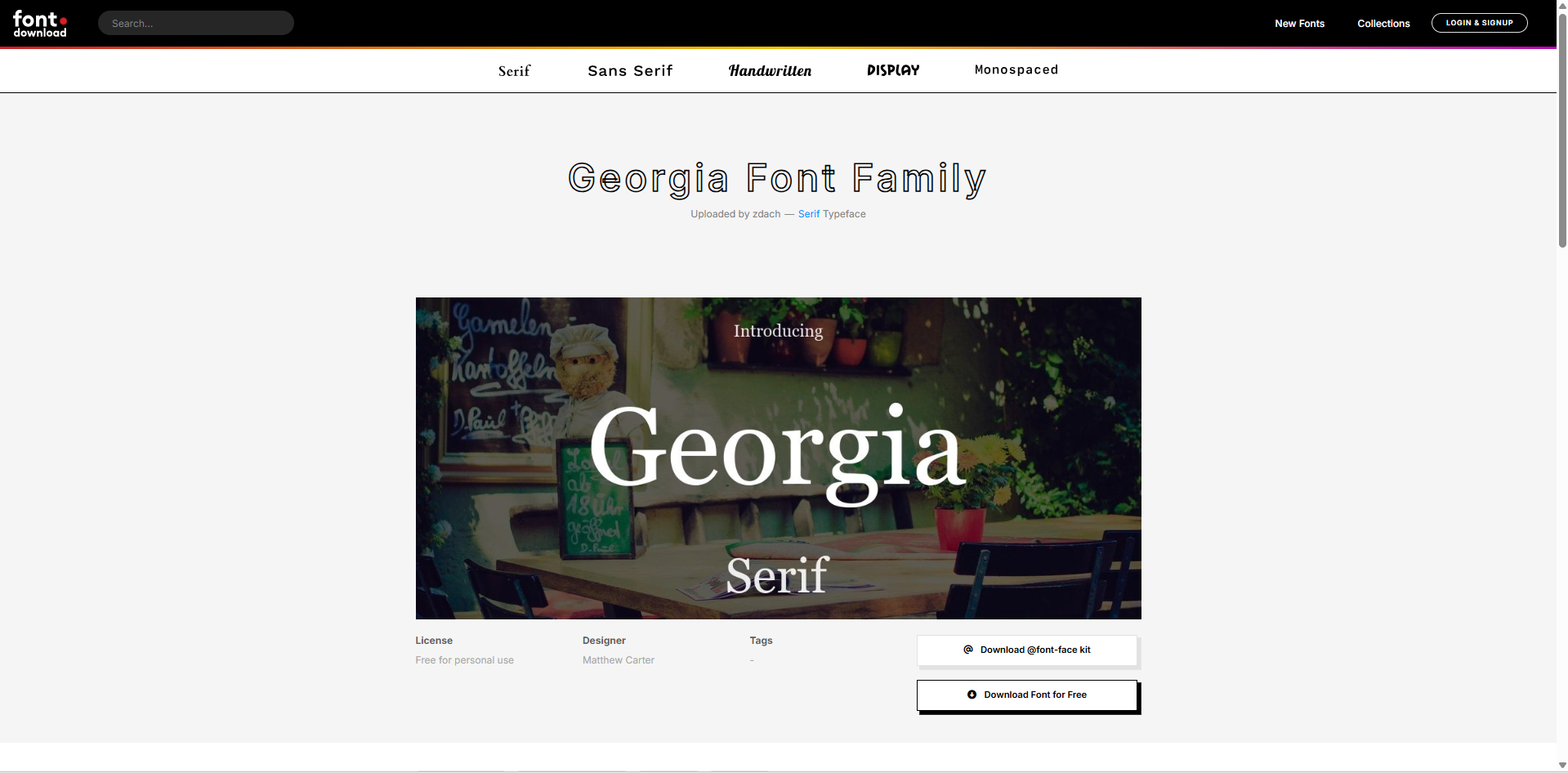 Interface of Font download - the most liked site to get Georgia font