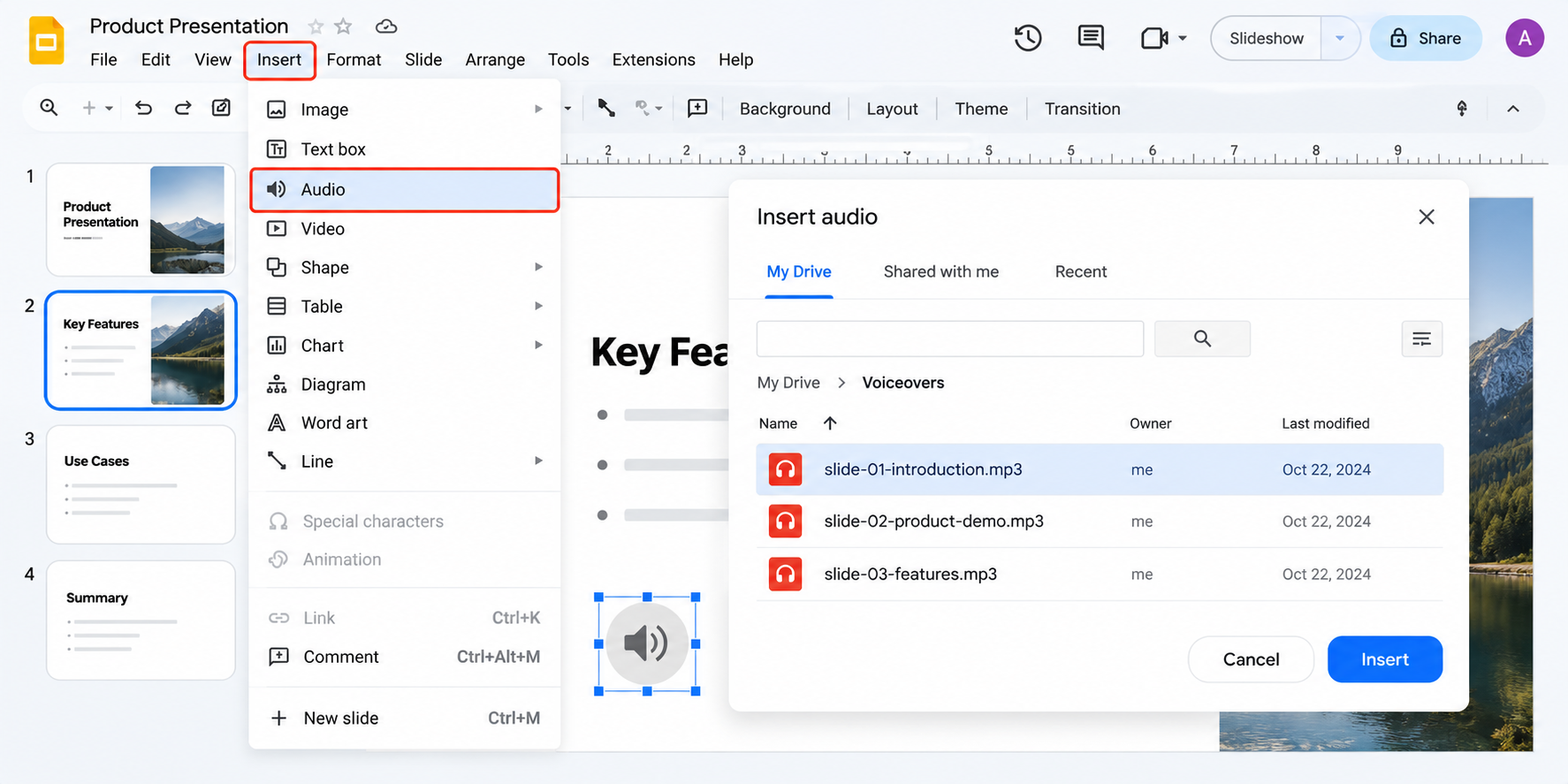 Abre Diapositivas de Google e inserta la voz en off