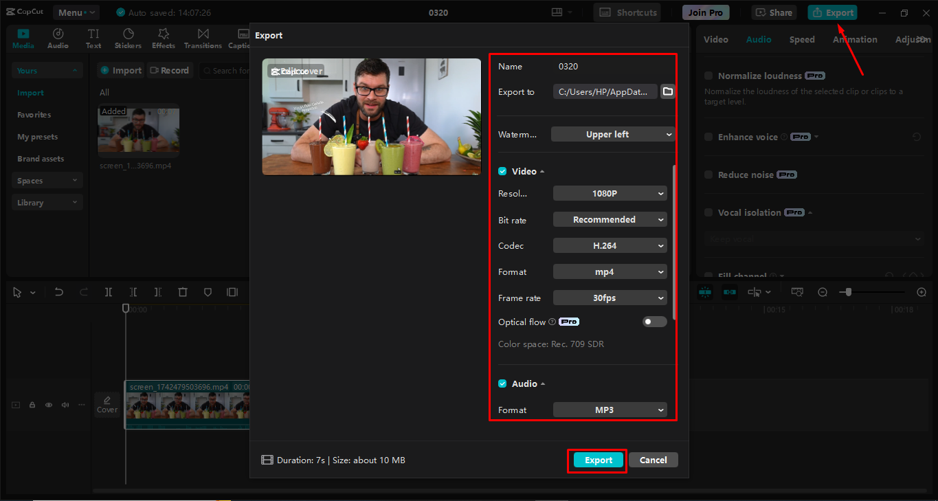 Exporting the video from the CapCut desktop video editor