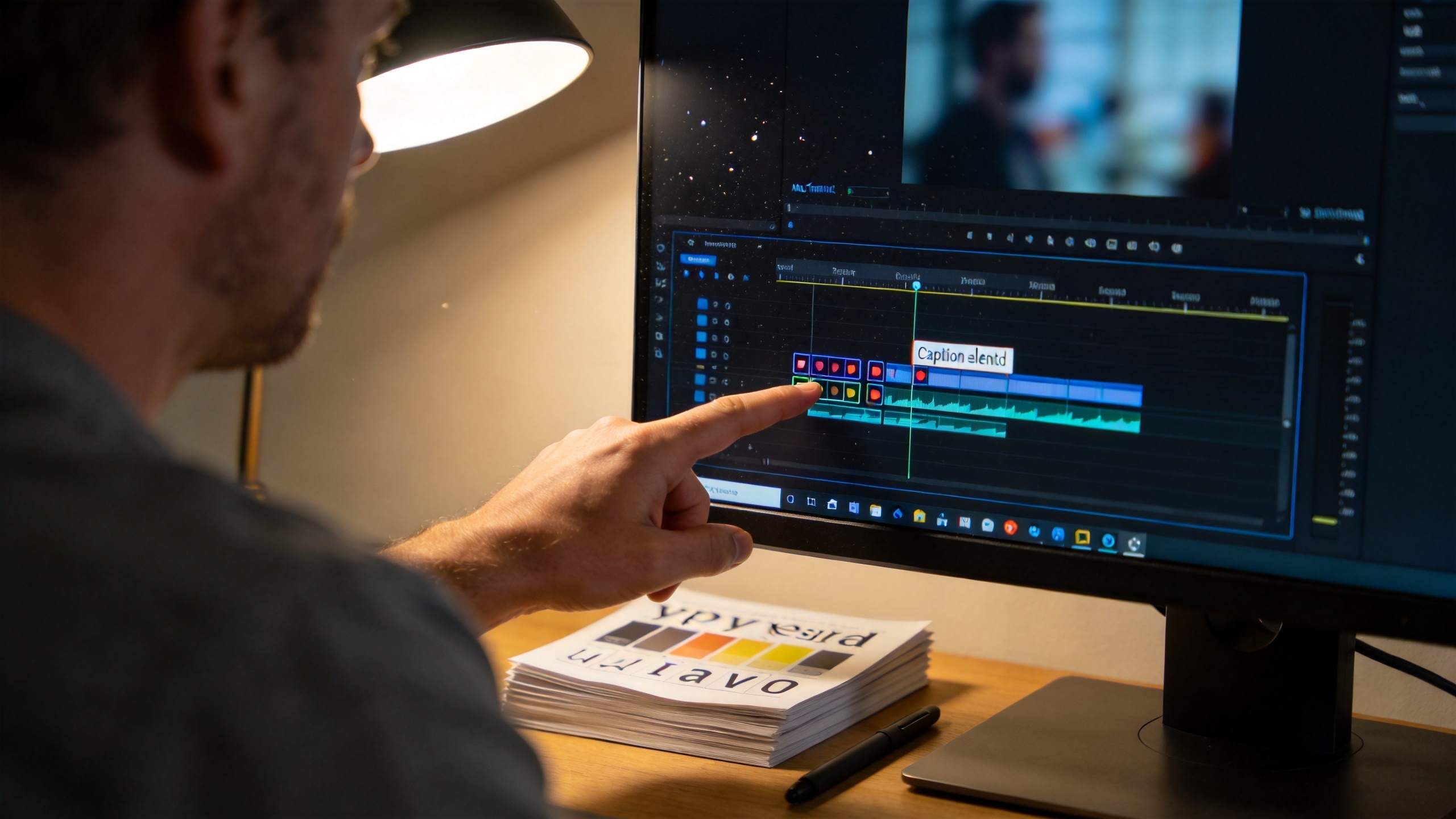 Person pointing at a video editing timeline with a caption box on the monitor