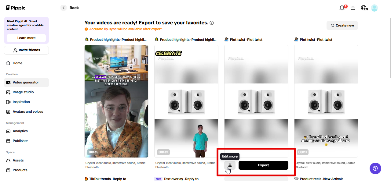 Exporting video from Pippit