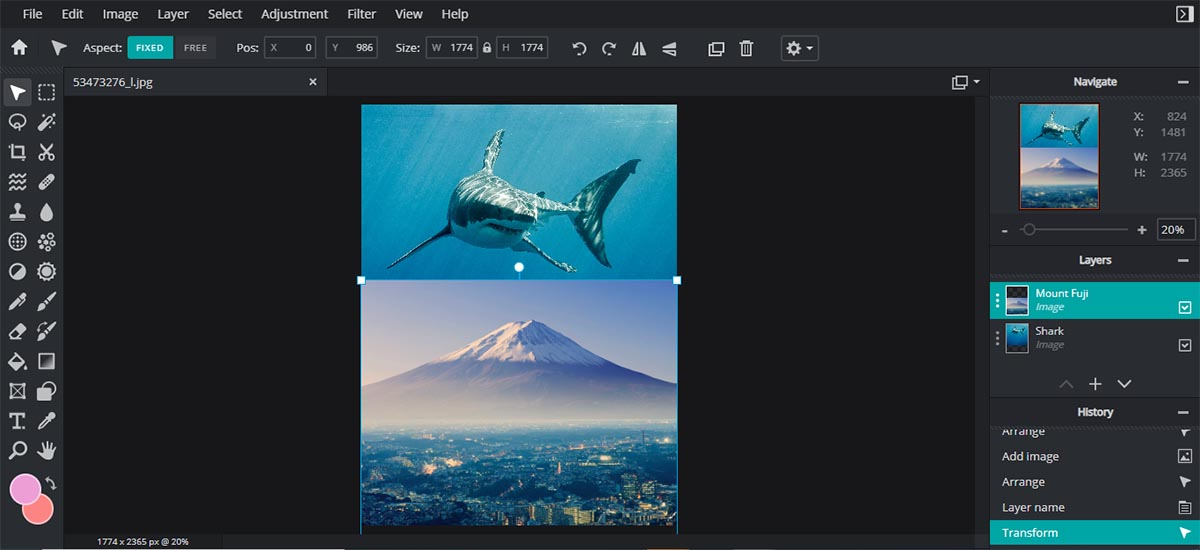 Interface of Pixlr - a free online photo layer editor