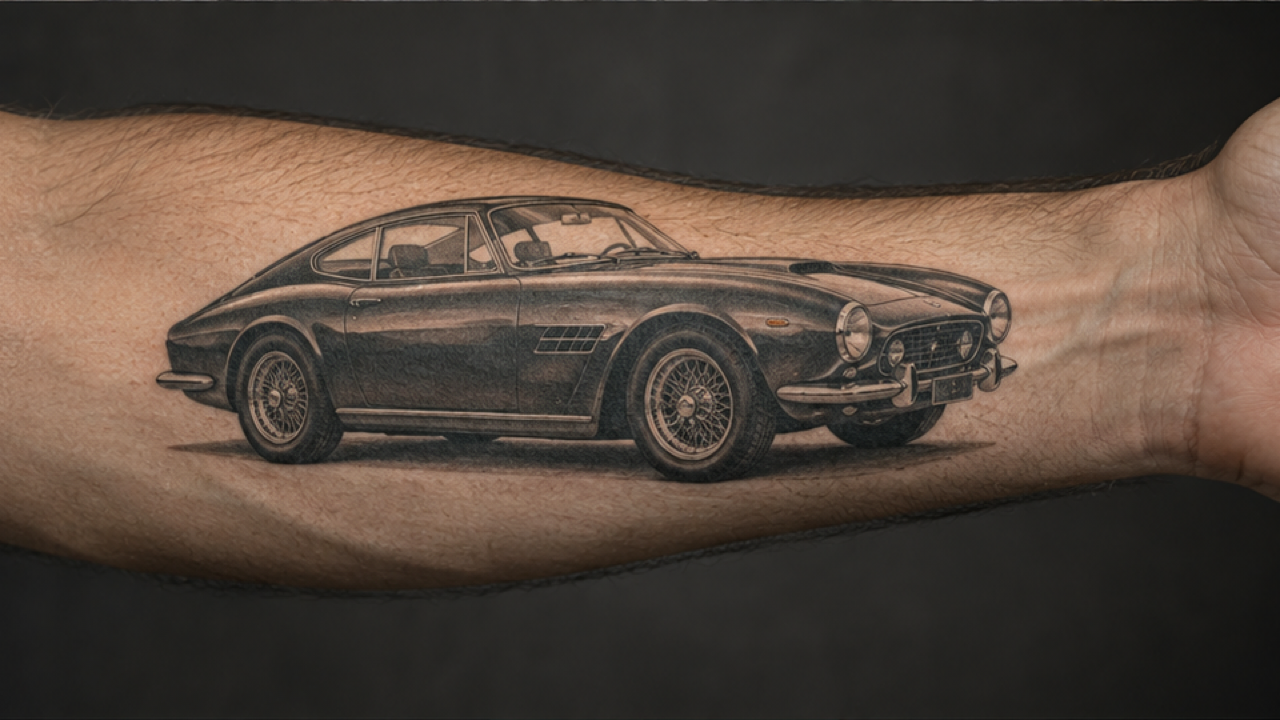 16:9 premium realistic close view of adult forearm with complete black-and-gray vintage coupe tattoo, ink integrated with skin texture and soft shading, enough space around full car, neutral charcoal studio background, no letters or brand emblems.