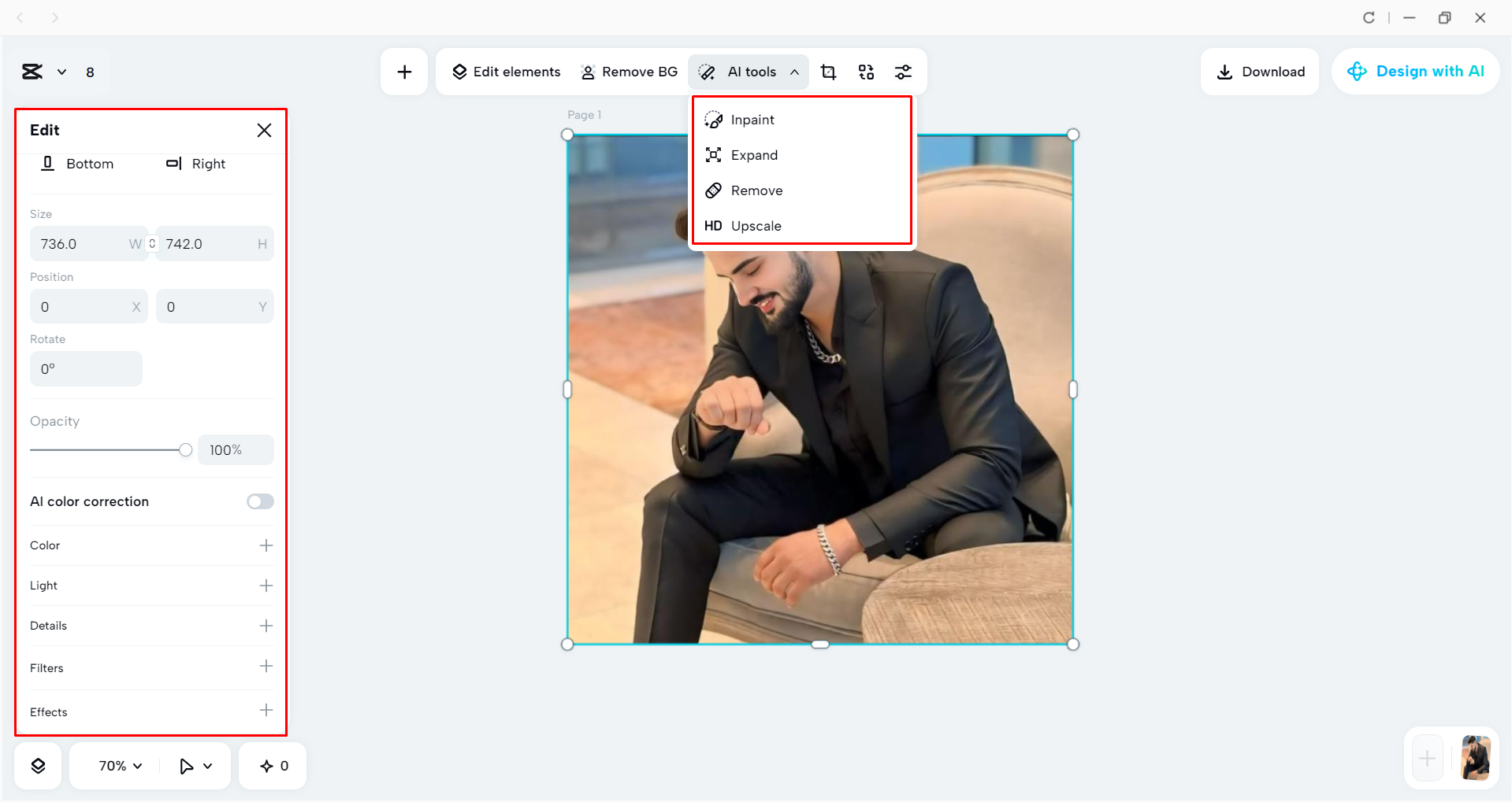 Upscaling and editing the image with the CapCut desktop video editor