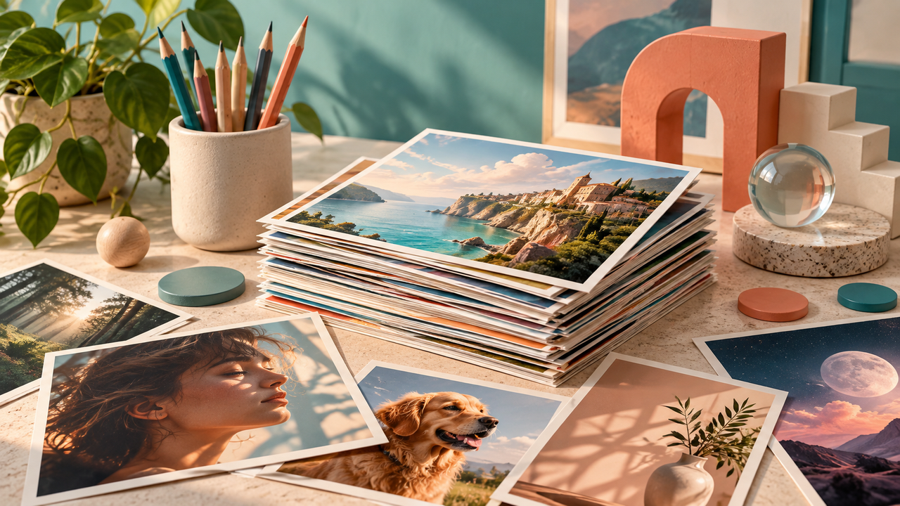 Pencils, tokens and colorful image prints on an art desk