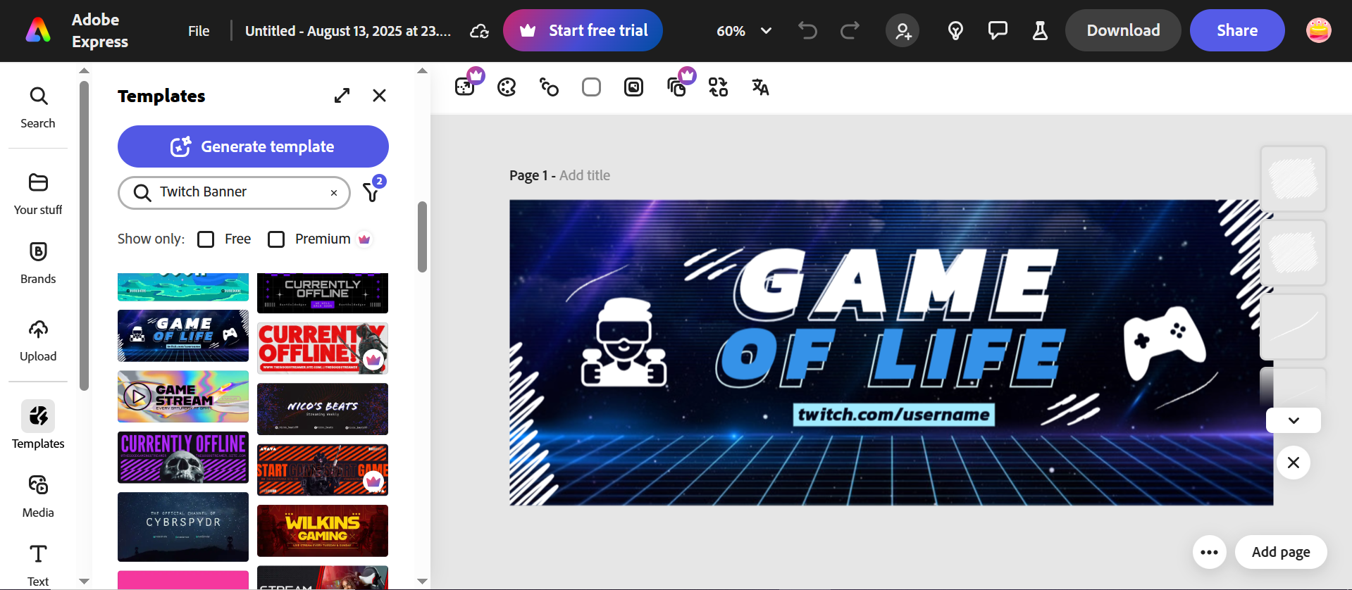 Adobe Express - an online custom Twitch banner maker