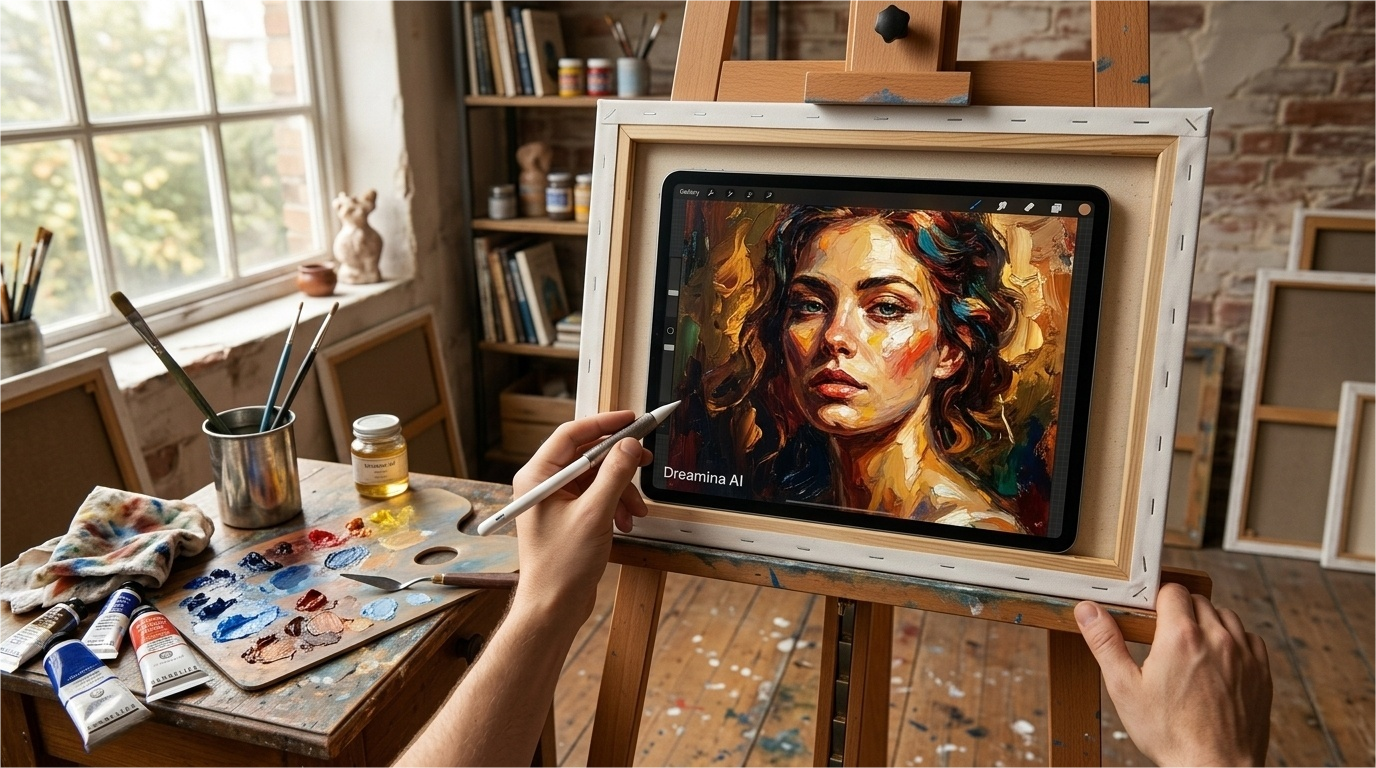 Dreamina AI generando pinturas digitales con texturas de pinceladas pictóricas, mezcla de colores en capas y fidelidad de estilo artístico para proyectos de ilustración.