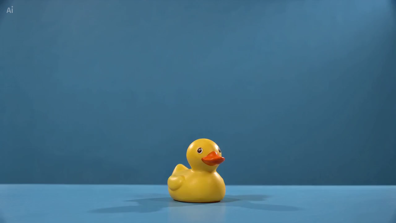 Opening frame of the generated yellow rubber duck resting on the blue tabletop