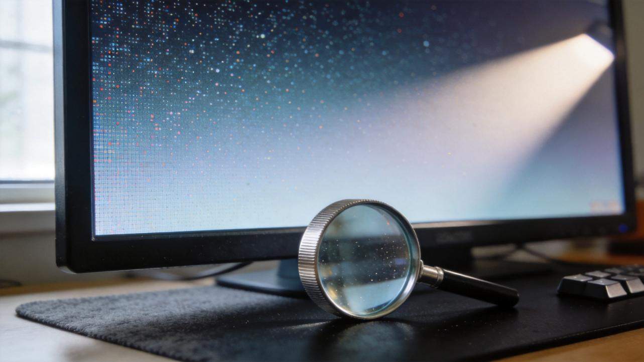 Magnifying glass in front of a monitor showing grainy film texture