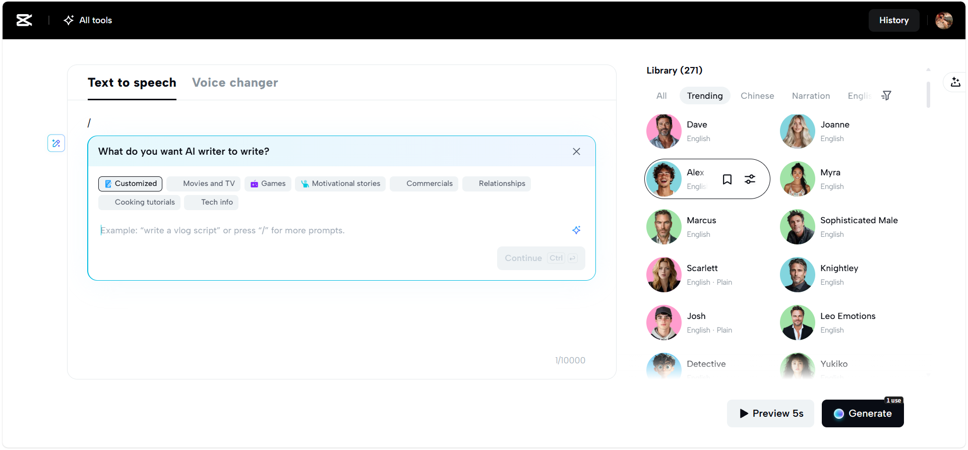 CapCut Web's text-to-speech generator in action