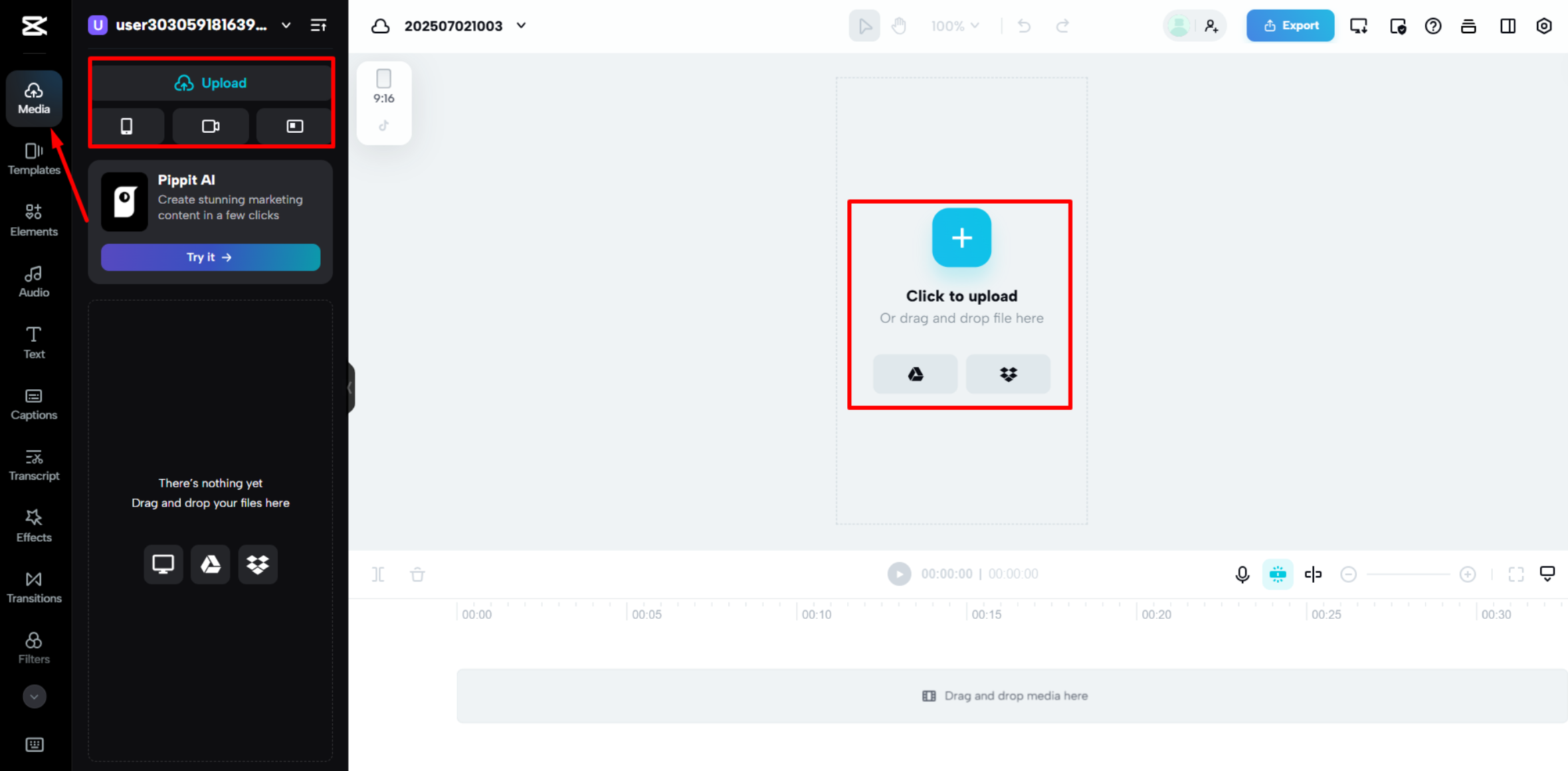 העלאת הסרטון ל-CapCut Web