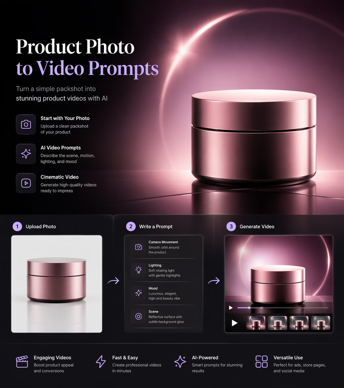 Dreamina Product Photo to Video Prompts prompt example 3