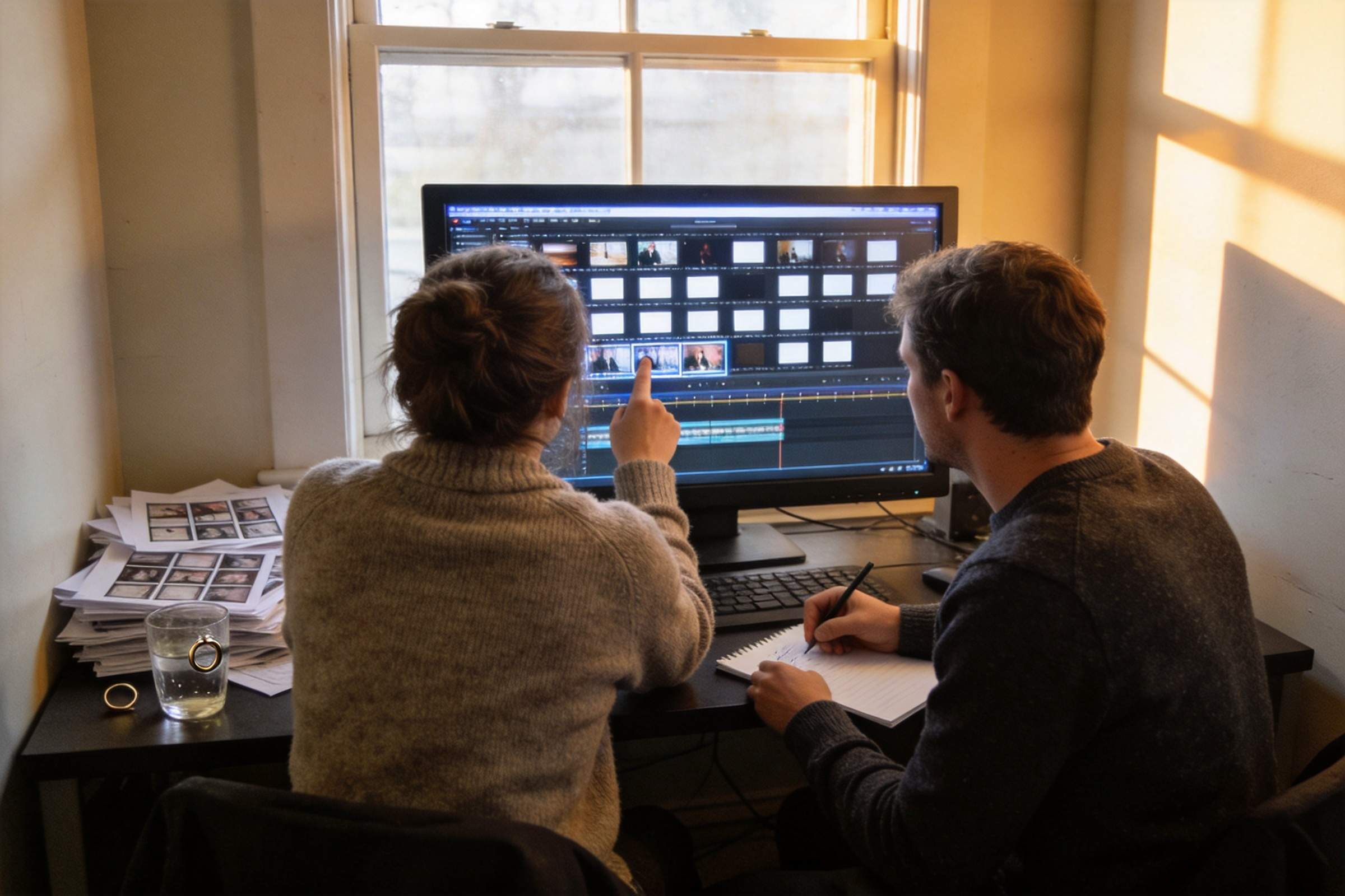 Two people review a video edit on a desktop monitor, one pointing and one taking notes