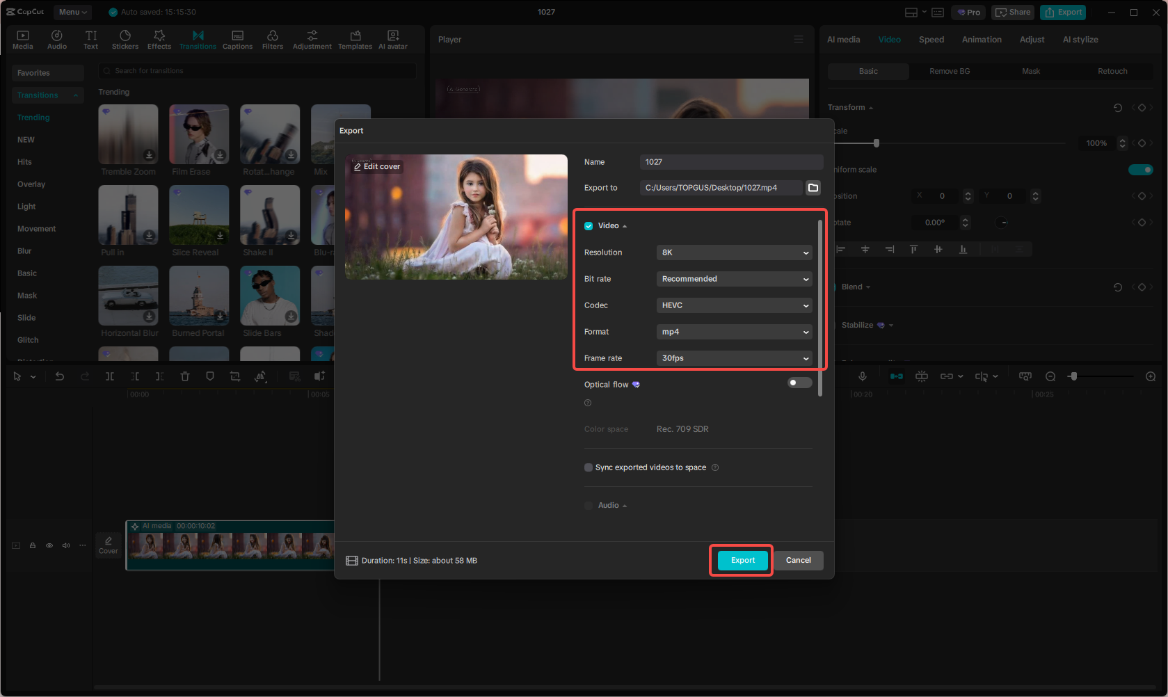 Exporting the AI video in CapCut