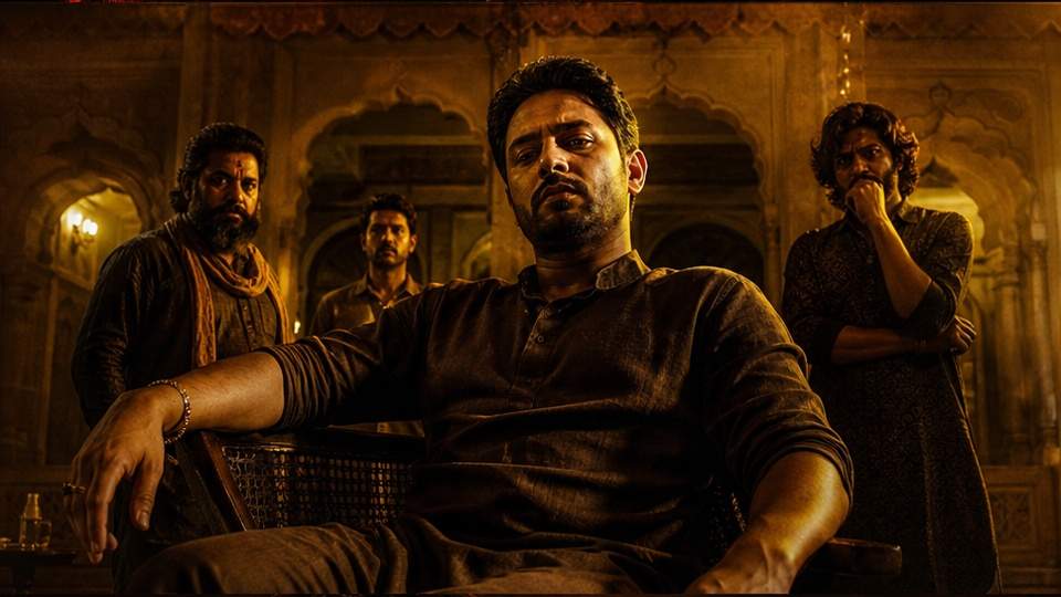 Mirzapur Movie Poster AI Prompts — an intense character lineup in a dusty industrial setting