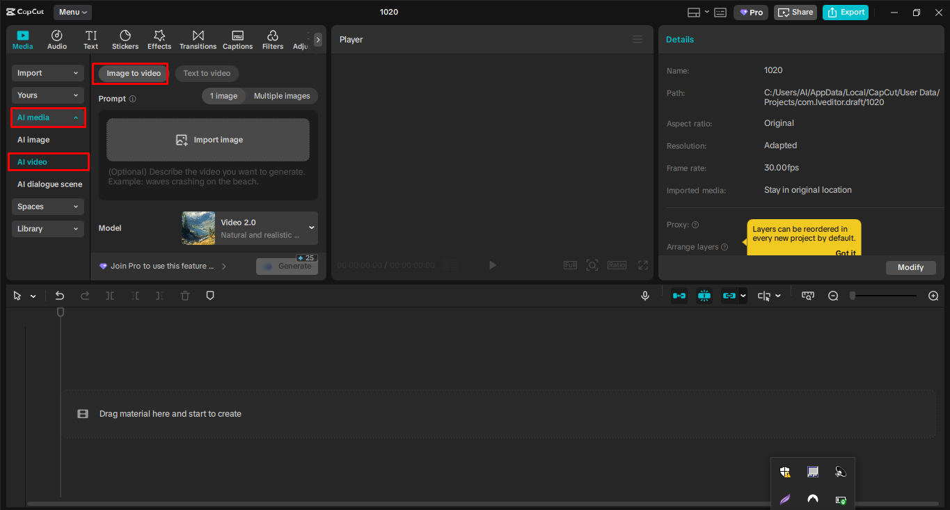 Accessing the AI design agent in the CapCut desktop video editor
