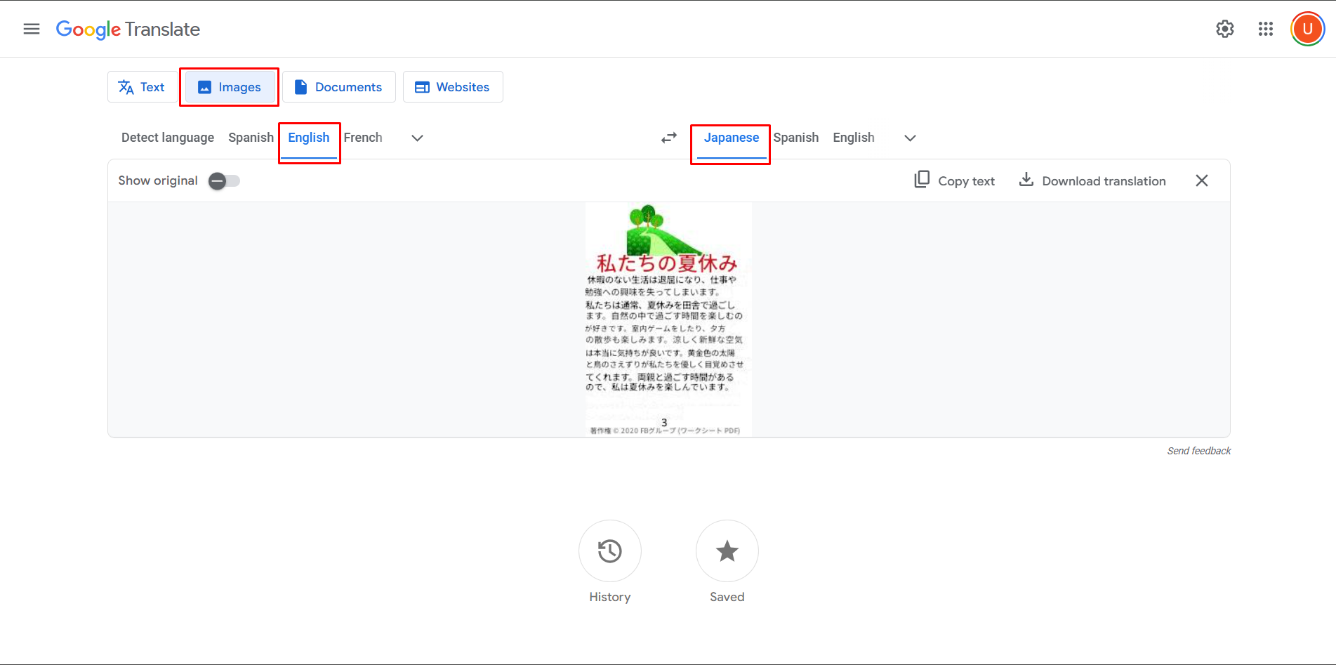 Translating an English image to Japanese with Google Translate