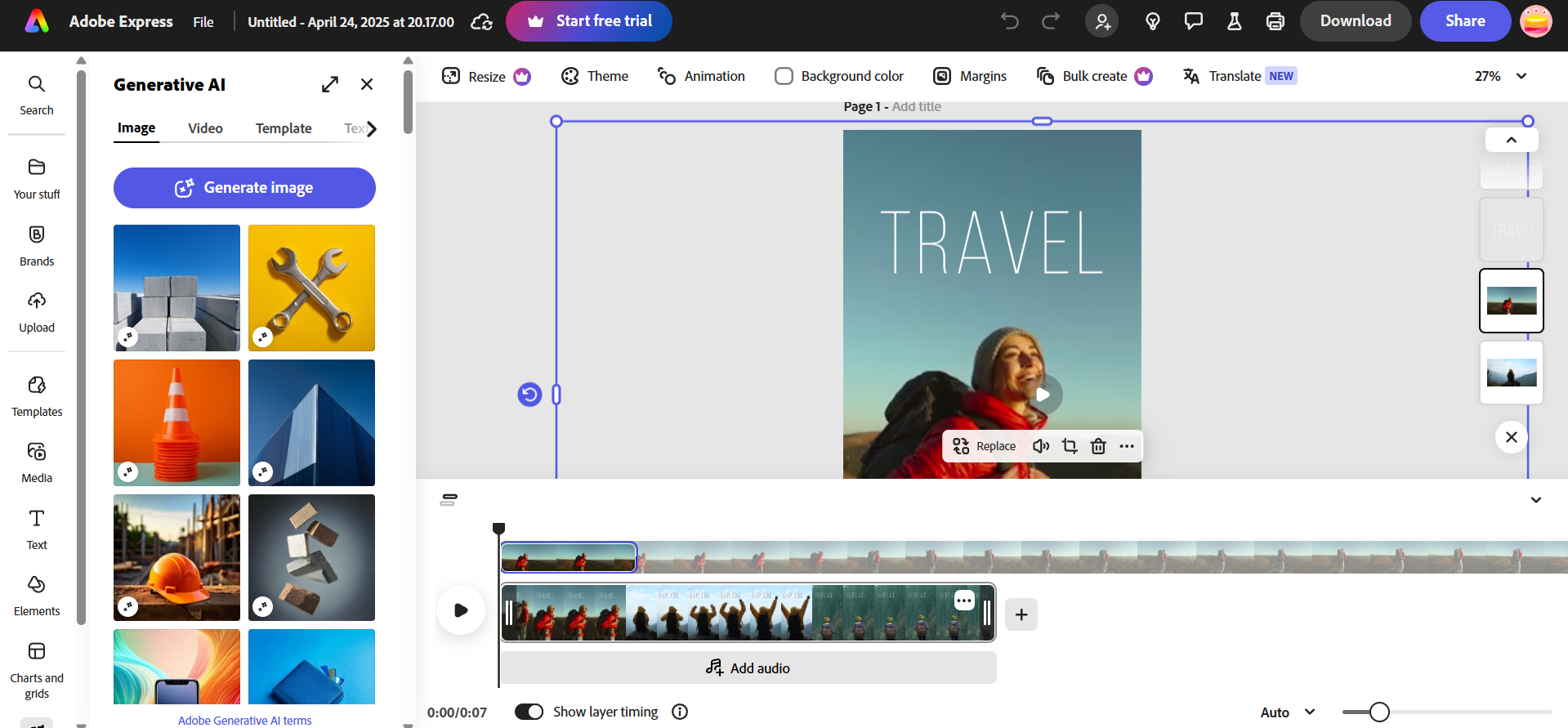 Adobe Express's free online video editor interface