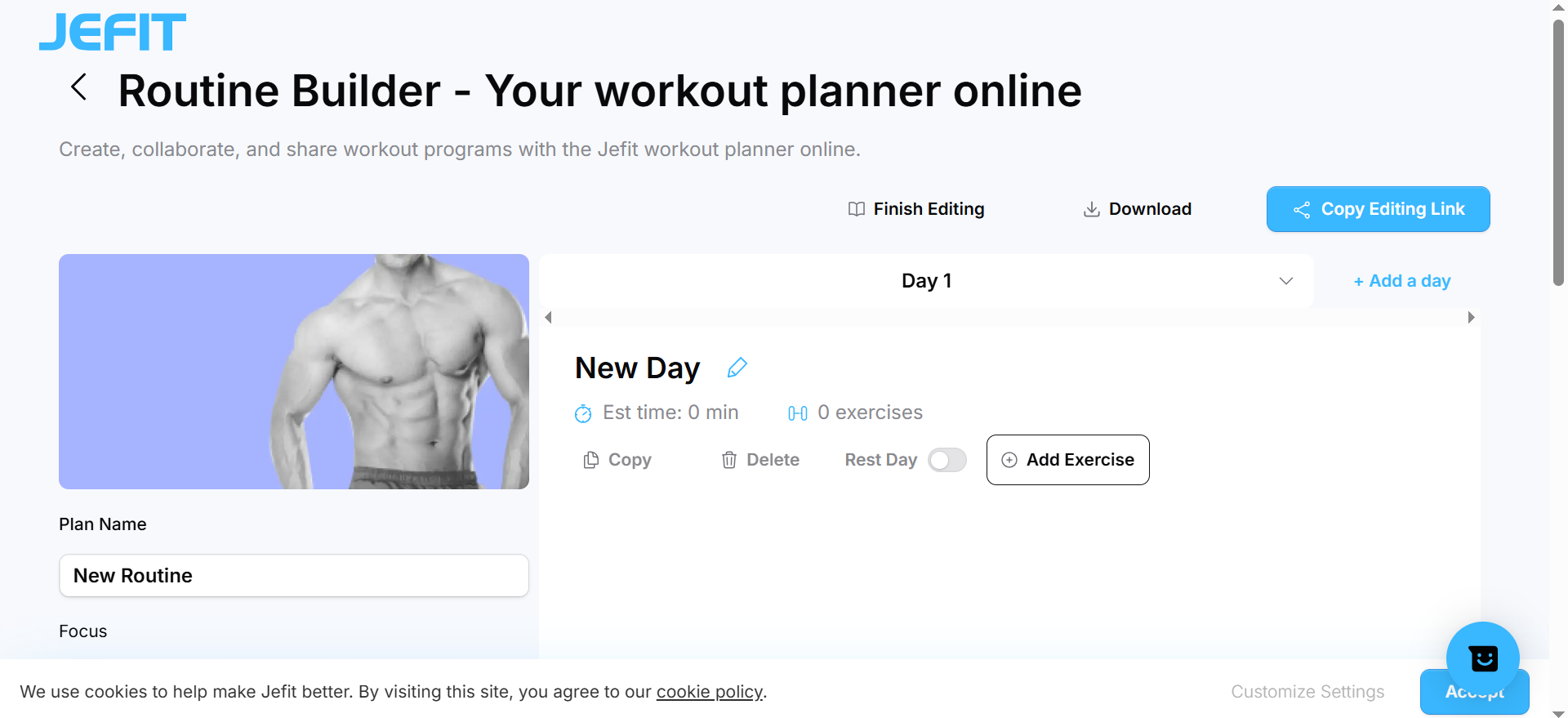 JEFITワークアウトプランナーのインターフェース