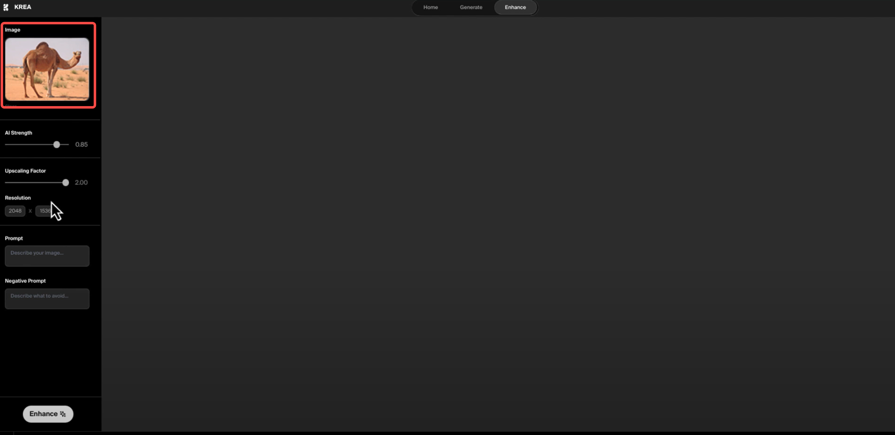 Uploading an image to the Krea AI photo enhancer