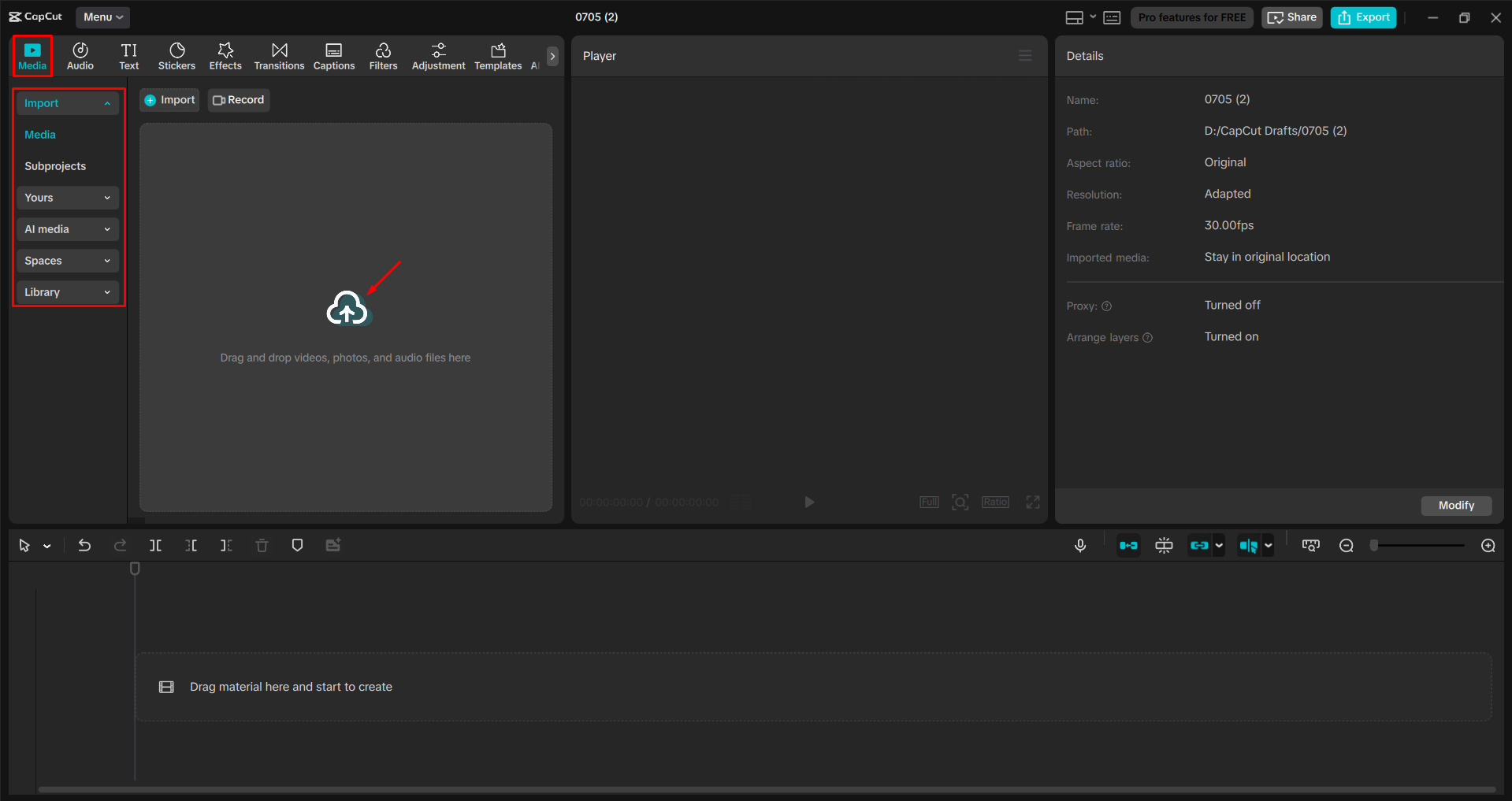 Importing the video or audio into the CapCut desktop video editor