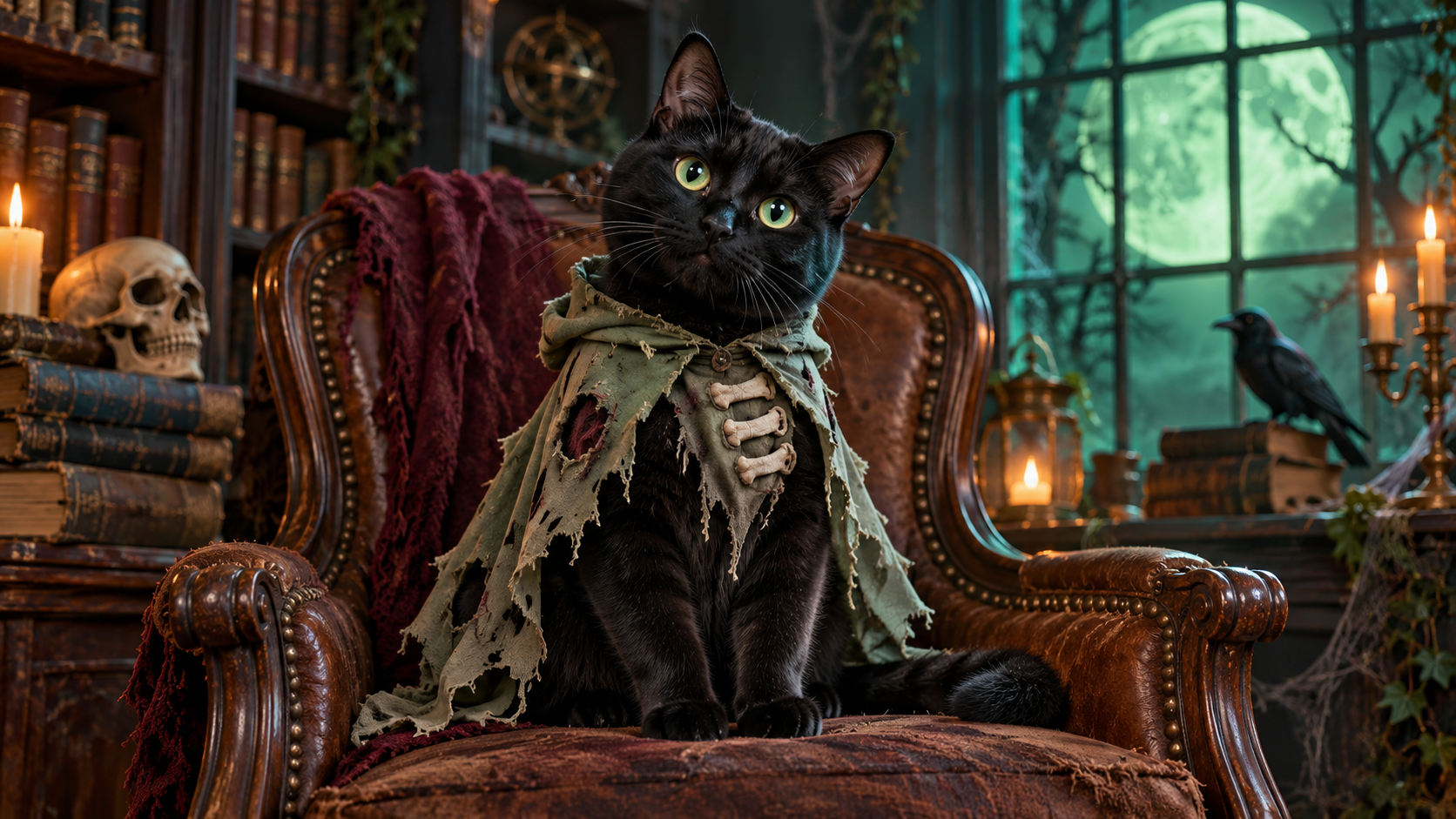 zombie pet prompts: Black Cat Wearing a Soft Tattered-cape Zombie Costume
