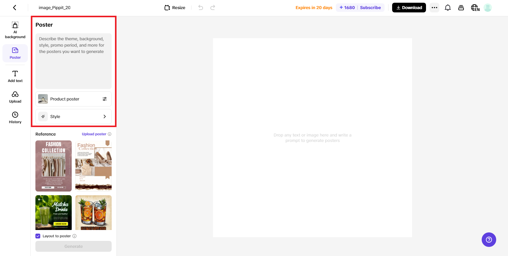 Pippit's poster creation interface