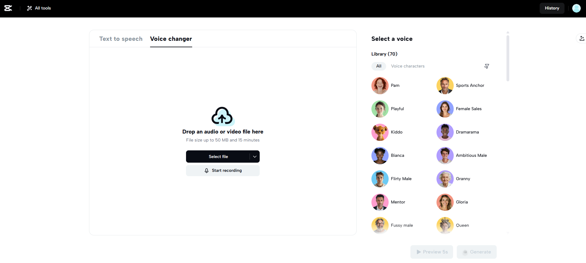 CapCut Web's voice changer interface
